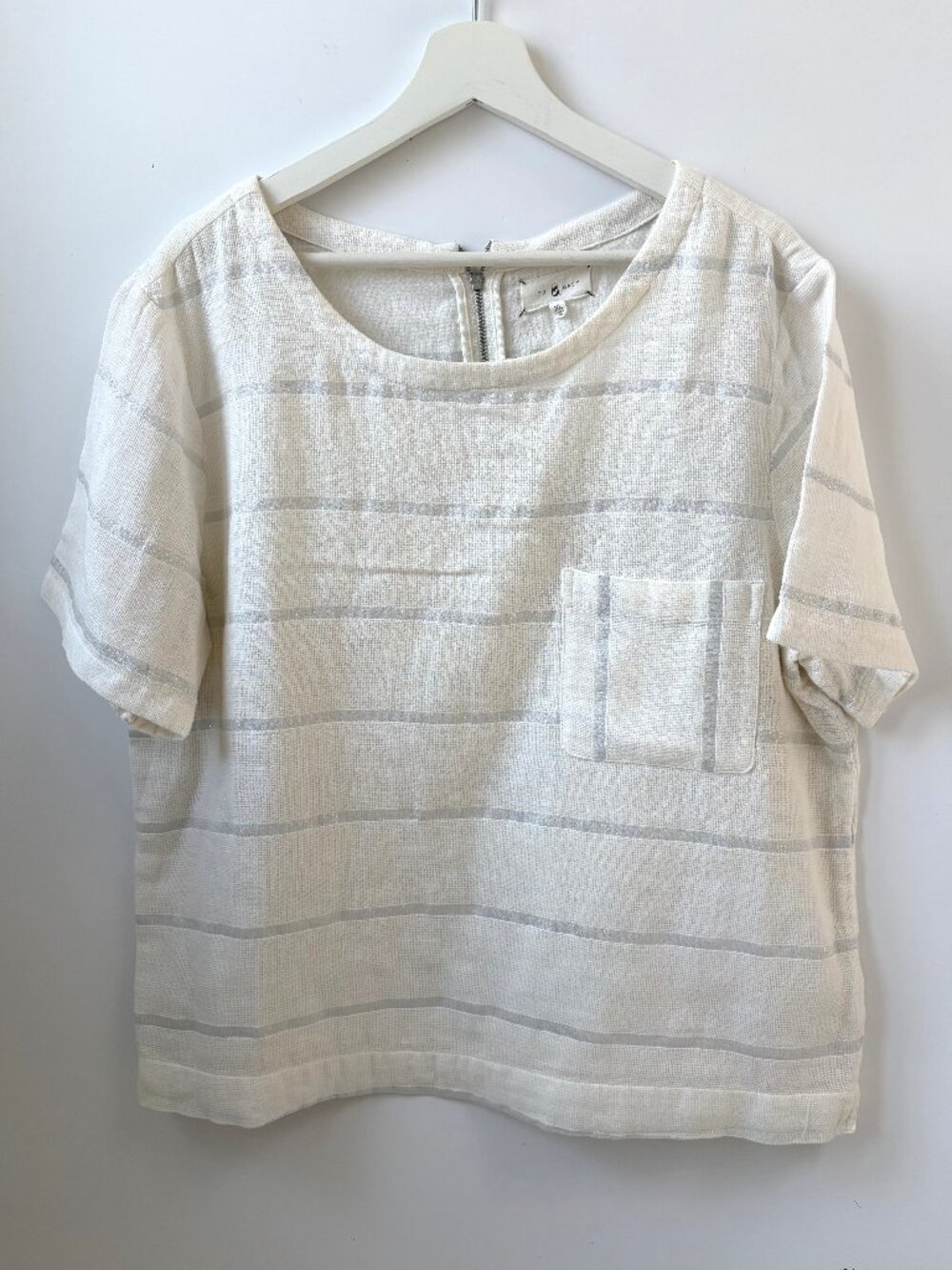 Lou & Grey White & Silver Striped Short-Sleeve Top, pocket detail, Size XL